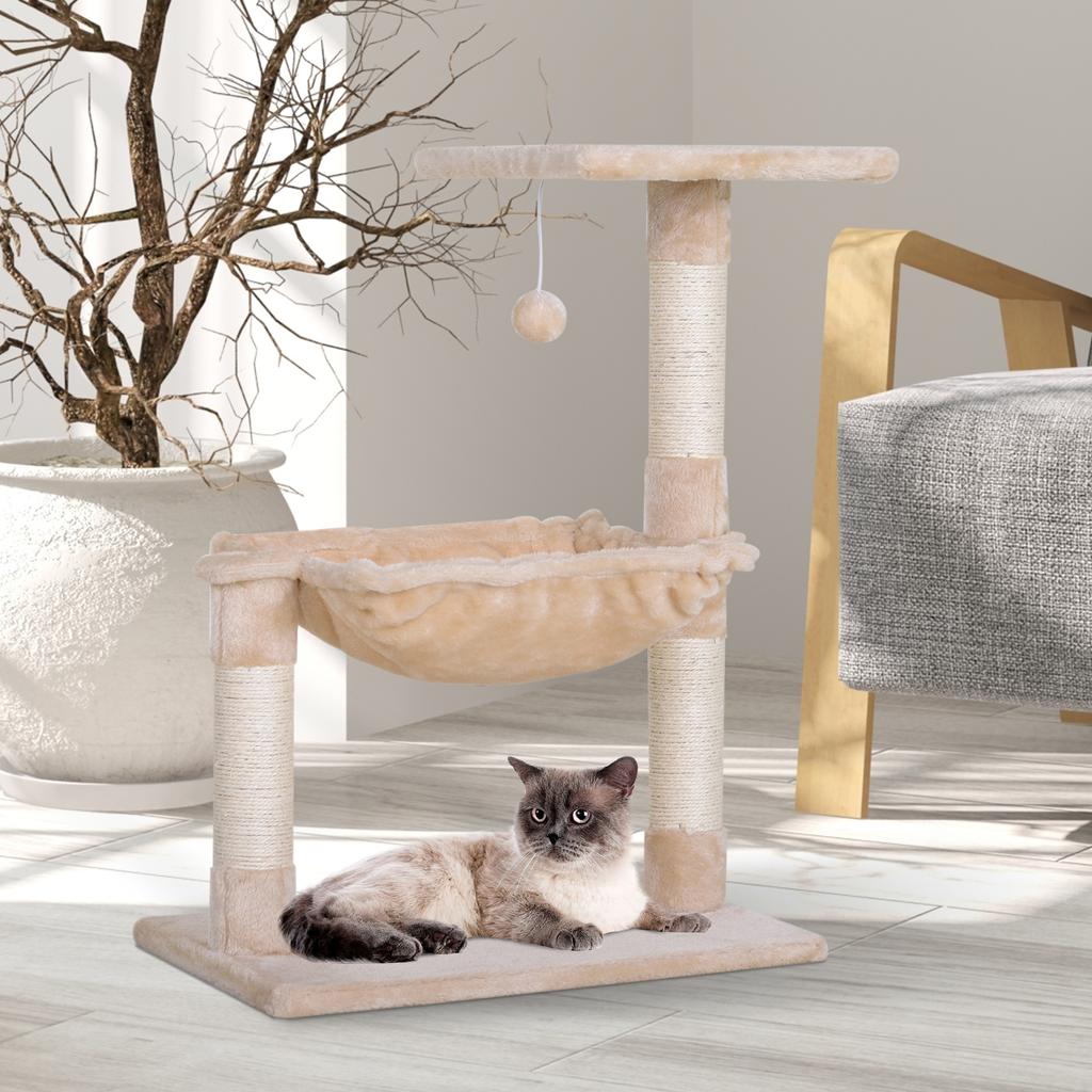 Cat Tower max 3.6kg with Hammock and Hanging Ball, Made of Wood and Plush, 50x36x70 cm, Beige