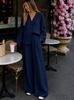 Women's Summer New European and American V-neck Wooden Button Loose Long-sleeve Top, Elastic Waist Wide-leg Pants Two-piece Set