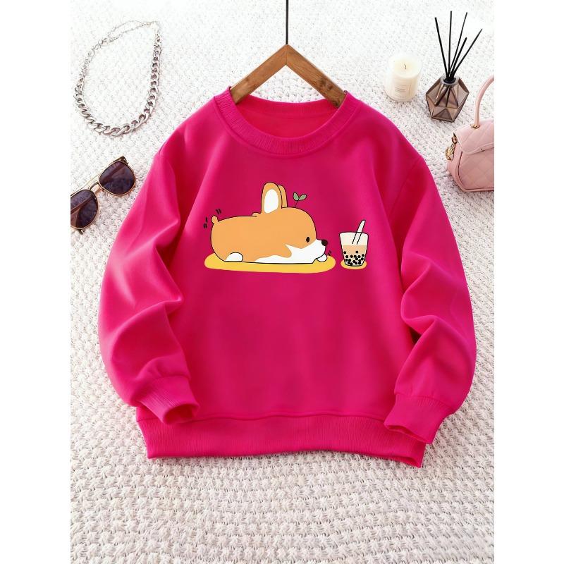 Girls' Round Neck Sweatshirt with Corgi and Bubble Tea Print, Essential for Back-to-School Season, Suitable for Parties