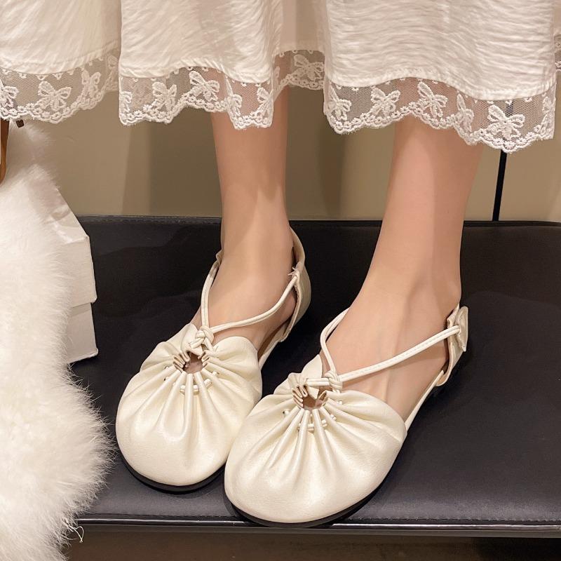 2025 Low Heel Sandals Autumn Round Toe Shallow Mouth Pleat Slip-on Non-Slip Wear-Resistant Square Heel Shoes