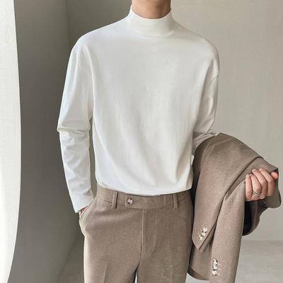 Men's Korean Style Loose Fit Mid-Neck White Turtleneck Shirt for Autumn/Winter