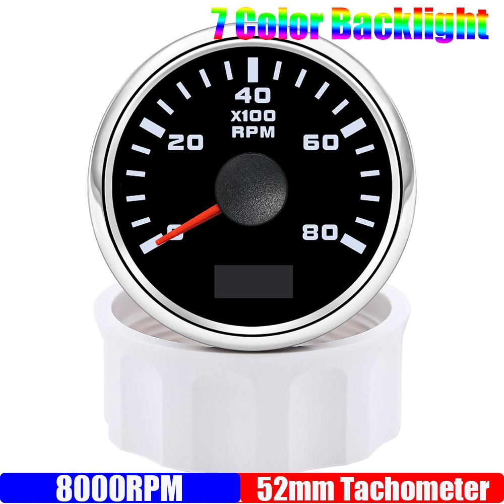 2" 52mm Tachometer 7 Color Light 3000,4000,6000,7000,8000 RPM Meter Hourmeter for Marine Boat Car 12V24V Waterproof IP67
