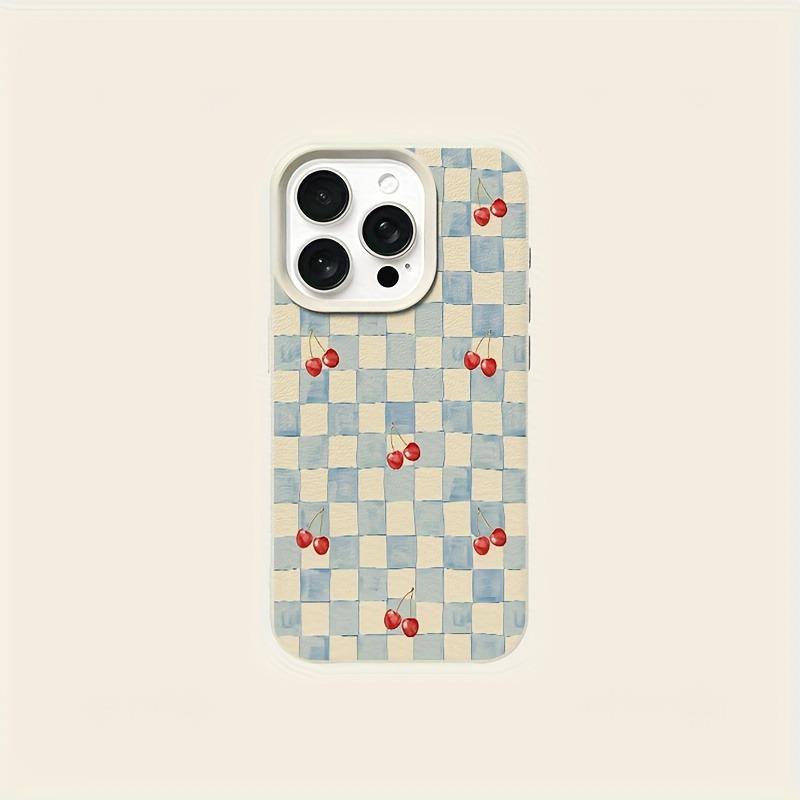 Blue Checkered Cherry Lychee Pattern Phone Case For iPhone 17 16 15 14 13 12 11 Pro Max 17 Air 15 14 Plus X XS XR 16E Soft Cover