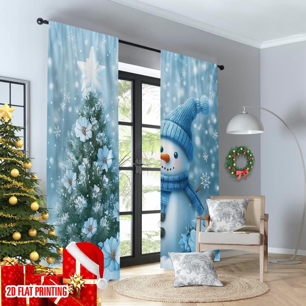 2pcs 2D flat printing Merry Christmas Curtain Cute Snowman Christmas Tree_f (2) Polyester Without Electricity Festive Holiday