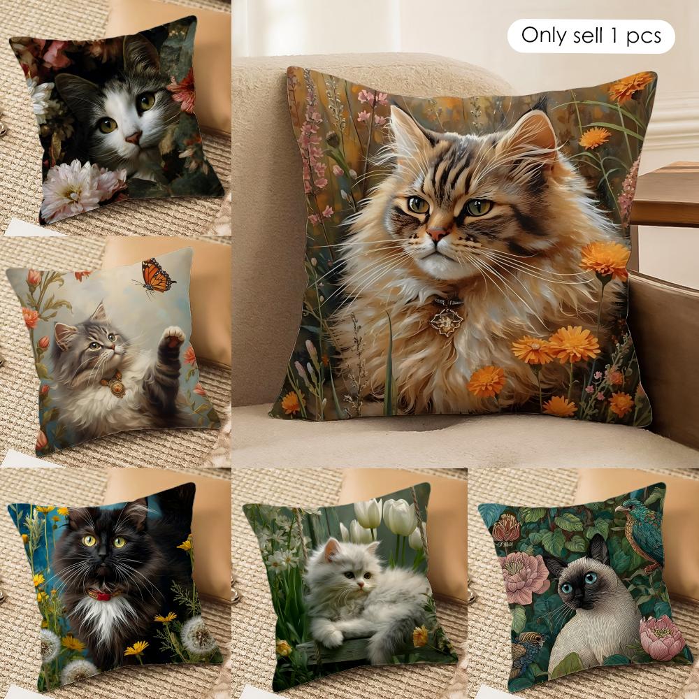Katze und Blume Kissenbezug Weicher Plüschstoff Beidseitig Bedruckte Kissenbezüge für Alle Jahreszeiten Heimdekoration