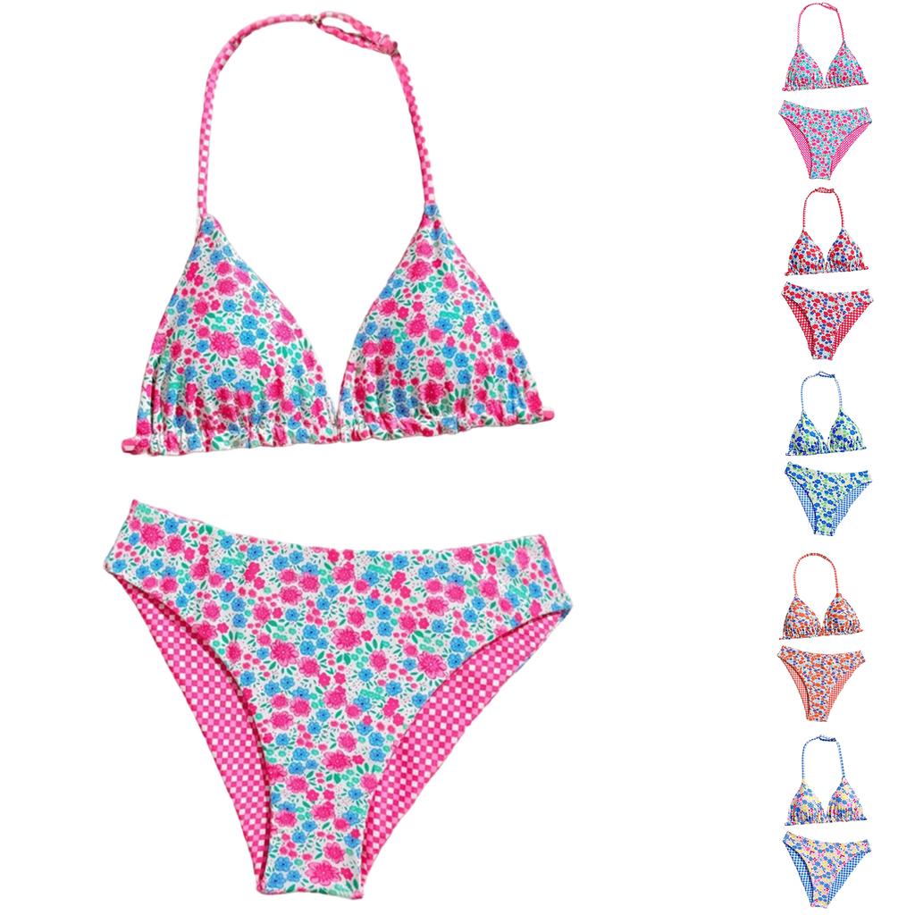 Zweiteiliger Badeanzug für Mädchen, Bikini-Set mit hoher Taille, Blumenmuster und Karomuster, Verstellbarer Neckholder für das Schwimmen im Freien
