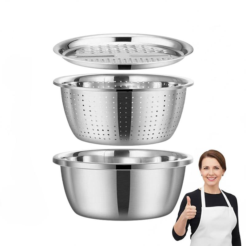 Multifunctional Stainless Steel Basin, 2026 New 3 In 1 Multifunctional Stainless Steel Basin Strainer Set With Grater