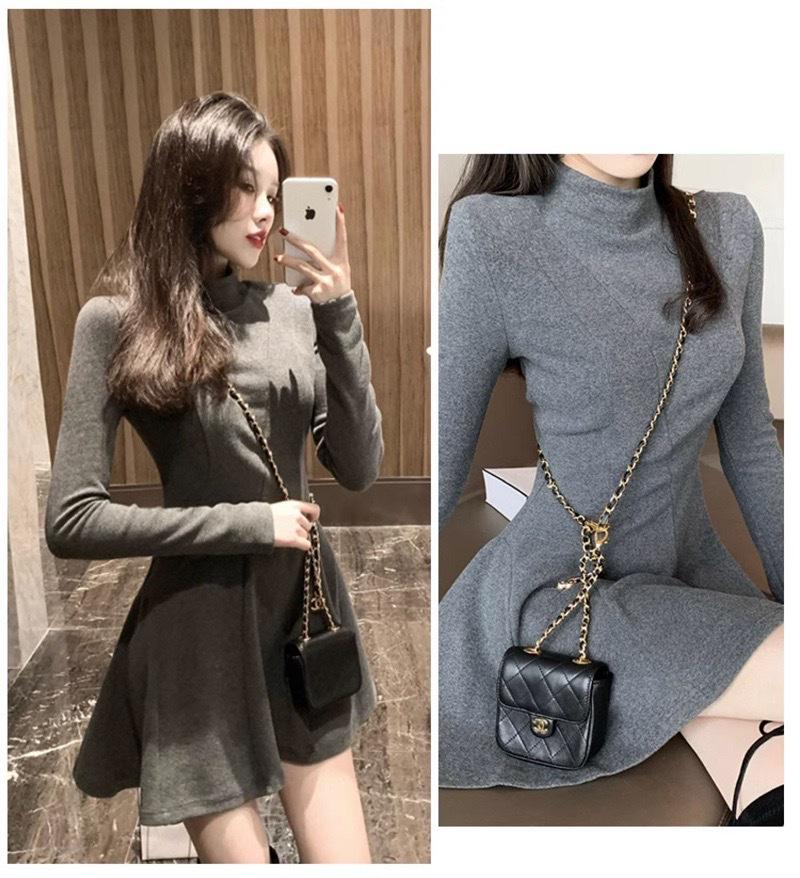 Women's Petite High-Neck Cinched-Waist Thermal Fleece Dress - Slimming A-Line Base Layer