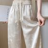 Summer Autumn Women Vintage Jacquard Flower Satin High Waist Wide Leg Pant Trouser With Pocket For Girls
