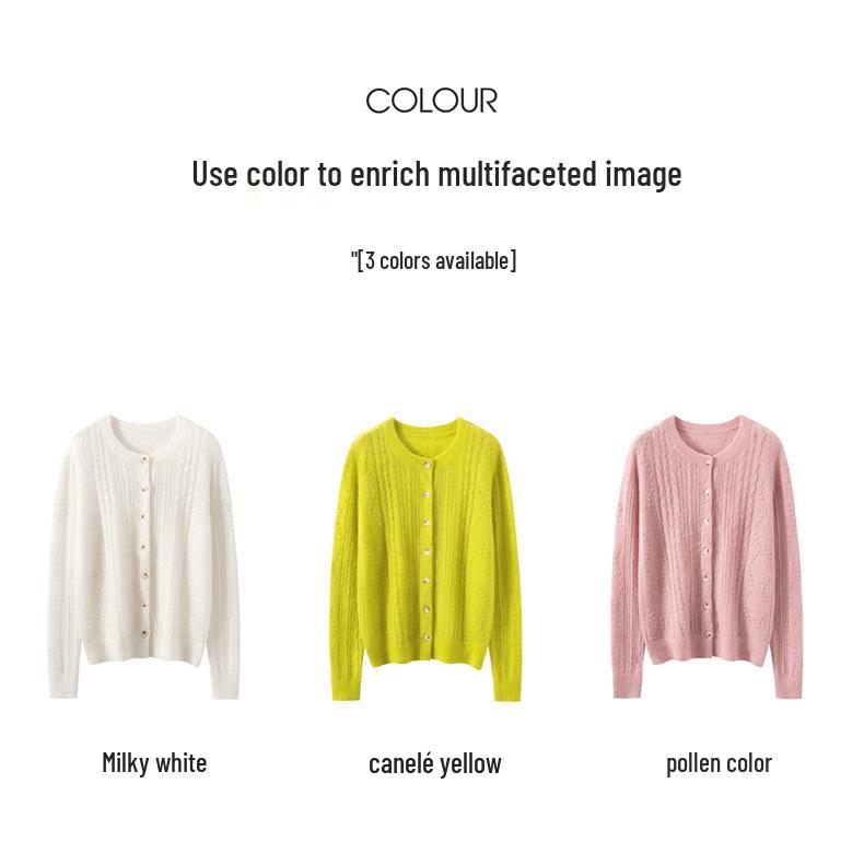 Women's Cashmere Silk Cable Knit Cardigan - Round Neck, Solid Color, Warm Mulberry Silk Sweater.