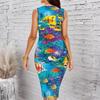 Women Plus Size Sleeveless Round Neck Midi Bodycon Dress Underwater Coral Fish Print Slim Fit Dress