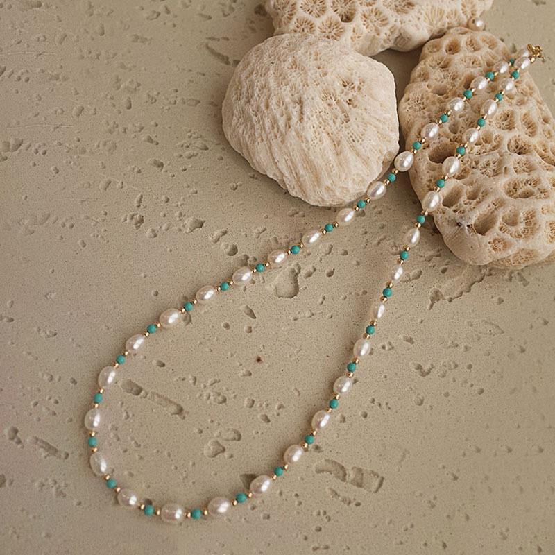 Rice Grain Freshwater Pearl Interval Turquoise Necklace Temperament Cold Wind Beaded Collarbone Chain New Chinese Bracelet