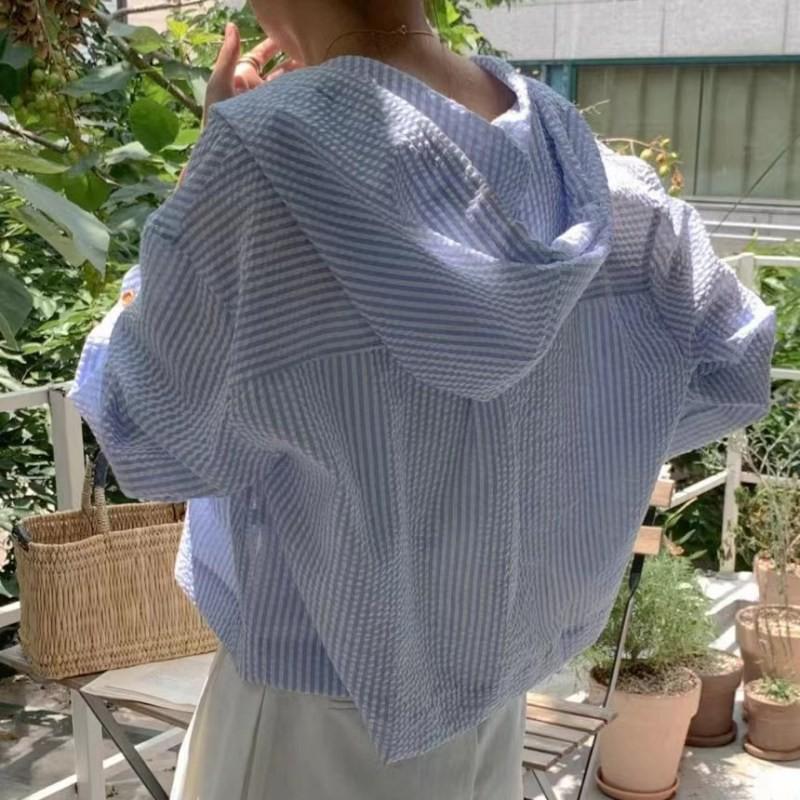 Women's Hooded Shirt Single Breasted Striped Sun Protection Cardigan Top