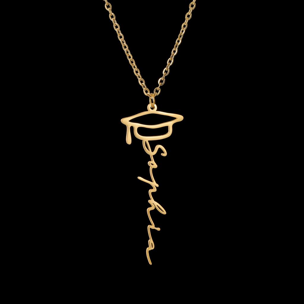 Atoztide Personalized Custom Name Necklace for Women Stainless Steel Bachelor's Hat Pendant Cuban Chain Graduation Jewelry Gift