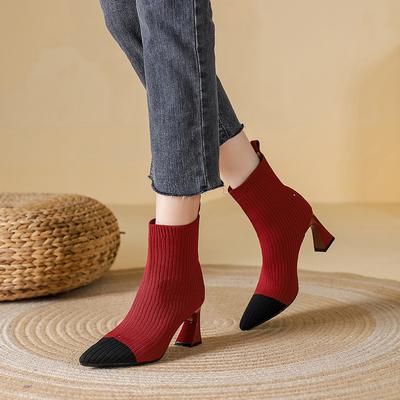 Bottines à bout pointu pour femmes, bottines à talons bas, bottines respirantes et extensibles, chaussures pour femmes, bottines Chelsea confortables en tricot à talon chaton