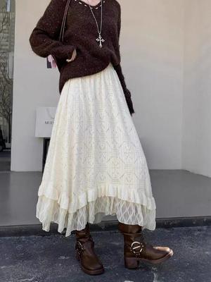 Elegant Romantic Lace Patchwork A-line Long Skirt with Irregular Hem