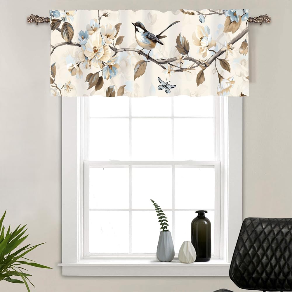 1 Panel Retro Branch Bird Window Valances, Floral Nature Animal Window Treatment Decor Curtains Rod Pocket Valances for Kitchen/Living Room, 54" X