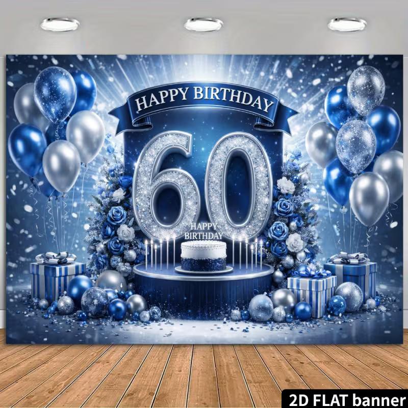 2D Blue Silver Birthday Banner, 60th Birthday Glitter Party & Live Background