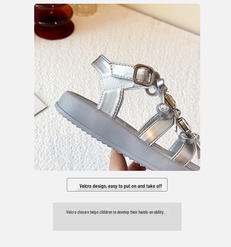 Rhinestone Princess Sandals: Non-slip, Soft-soled Bow Shoes for Girls, Perfect Summer Roman Style for Big Kids and Students.