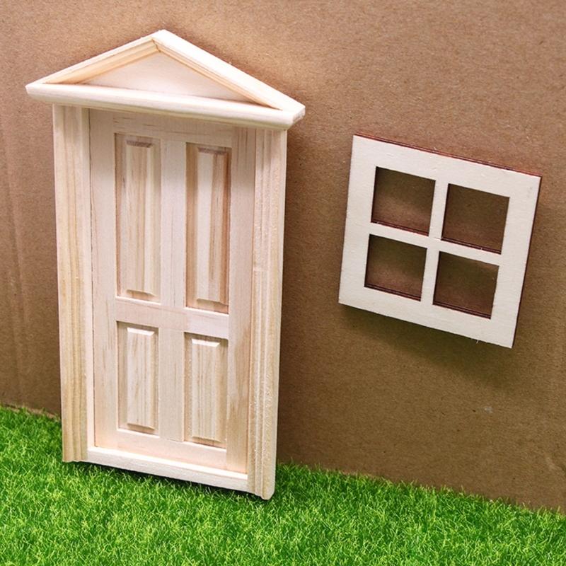 Natural Wood Hands-on Dollhouses Accessories Unpainted Door Window For Crafting And Model Making