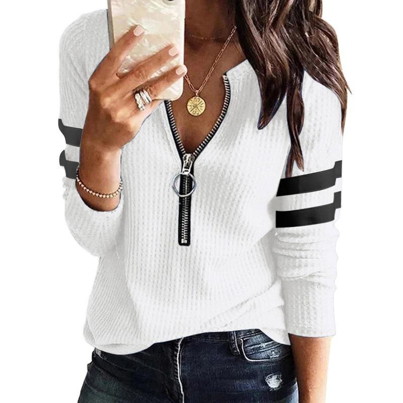 T-shirt Top da Donna a Manica Lunga con Zip e Scollo a V Splicing Taglia Grande