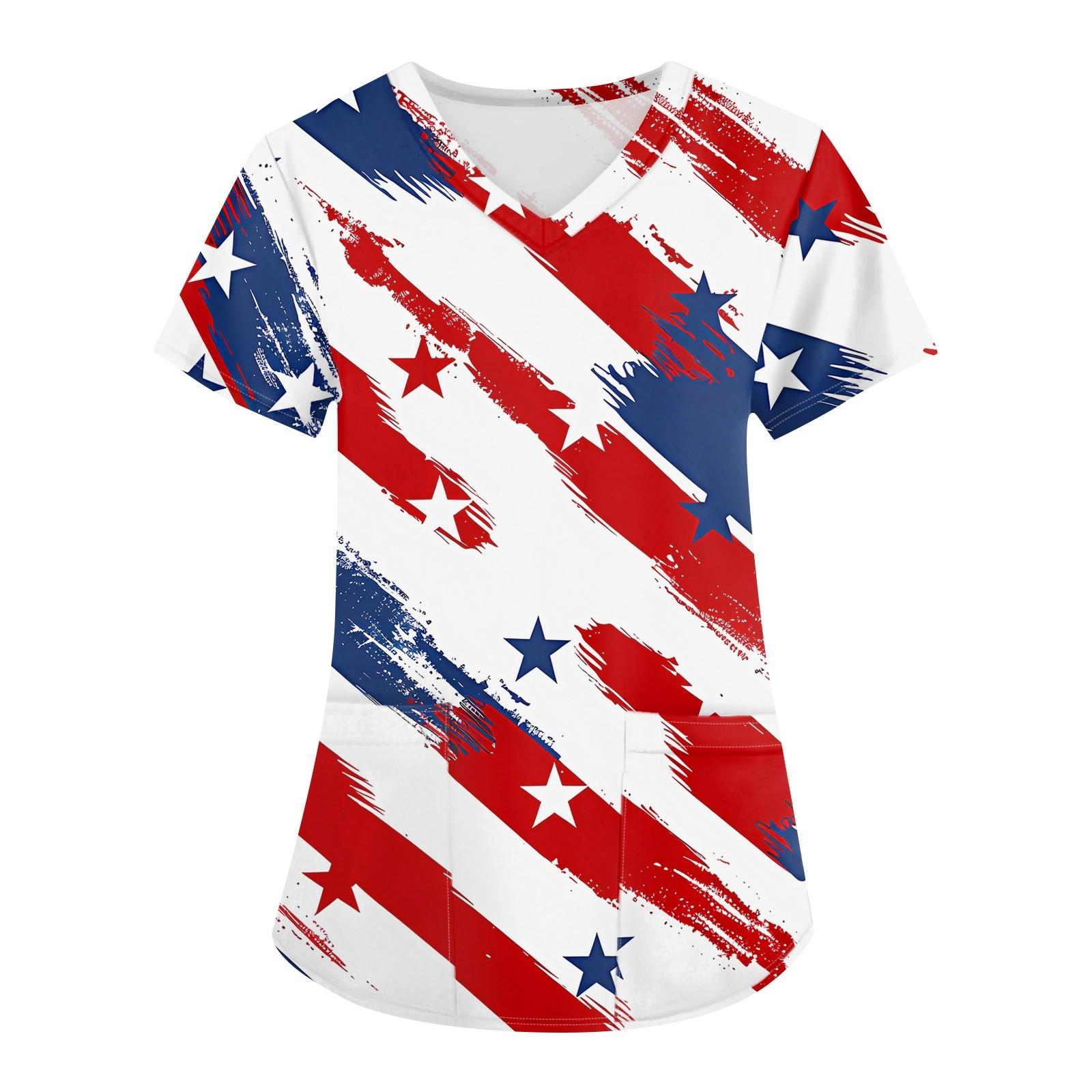 

Женская мода V-образный вырез короткий рукав рабочая одежда с карманами День независимости принтованные топы XXXXL белый