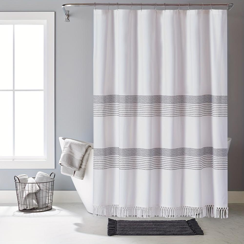 

1Pc Premium Cotton Modern White Shower Curtain With Tassels, Simple Gray Stripe, Bathroom Accessories, Curtain For Windows W60H190(CM)-1 Pcs