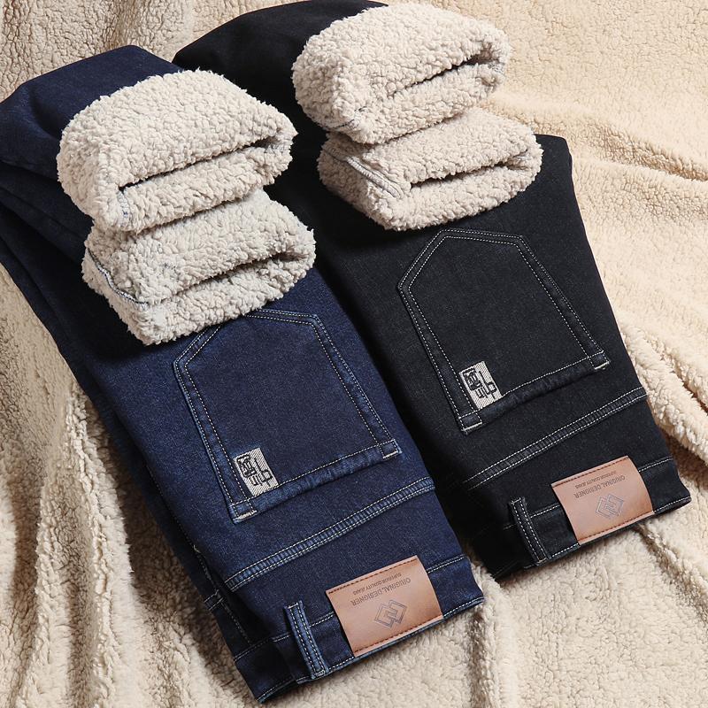 Winter Men's Fleece Warm Jeans Style Business Casual Thicken Fit Denim Pants Black Blue Trousers