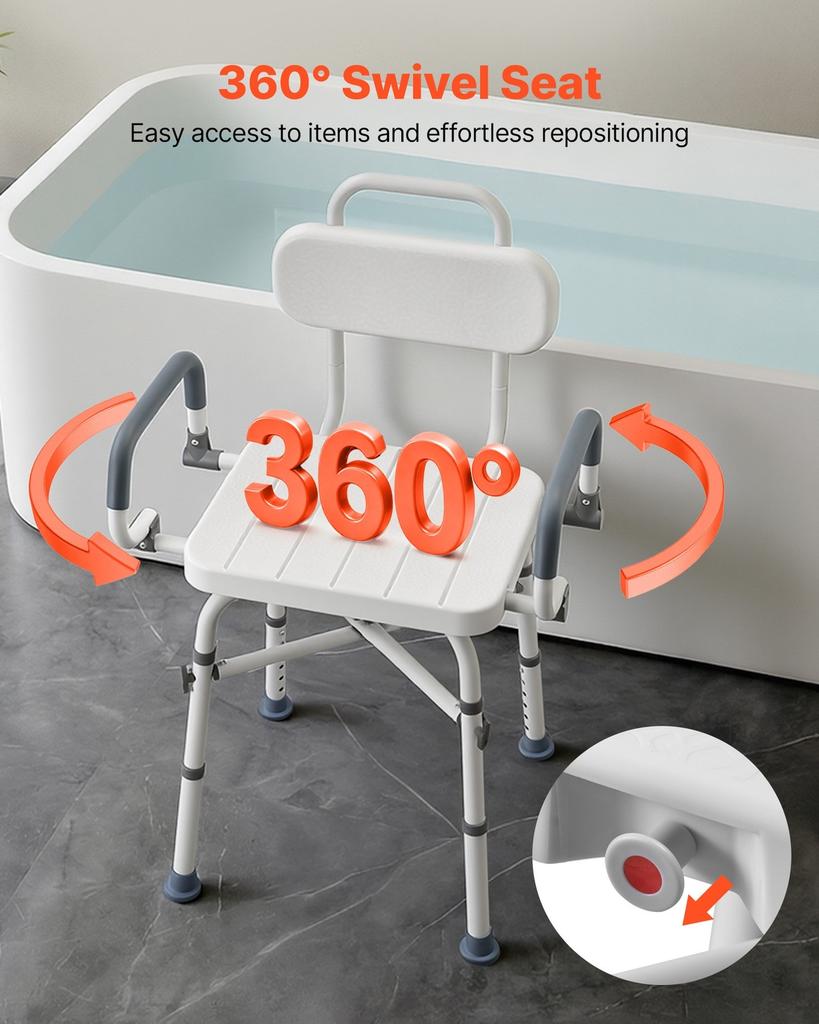 Swivel Shower Chair with Arms and Back, 227 kg Load Heavy Duty Bench Seat for Inside Shower Stall and Bathtub, Height Adjustable Bathroom Bath Tub