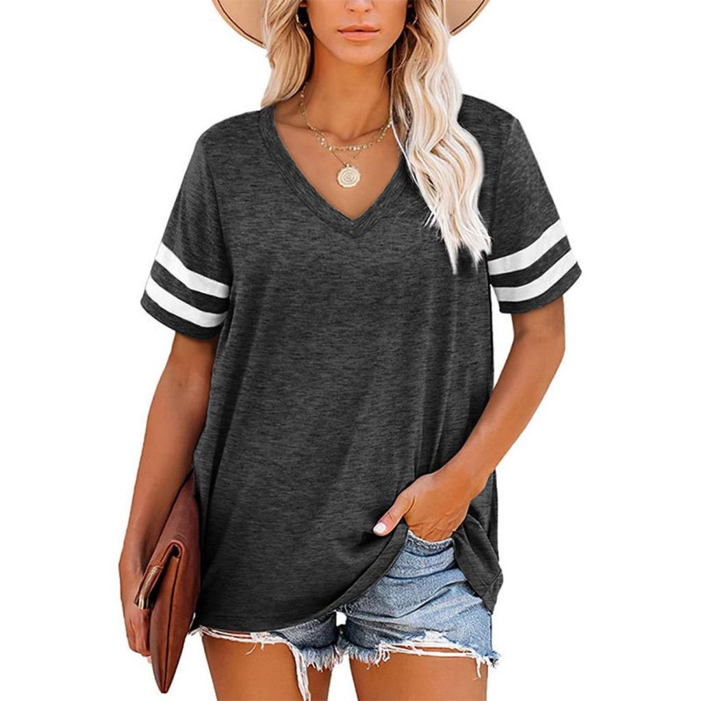 Sommer Neues Damen V-Ausschnitt Gestreiftes Lockeres Kurzarm T-Shirt Lässiges Oberteil für den grenzüberschreitenden Handel