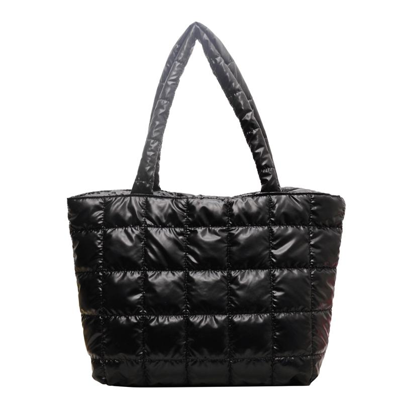 Women Girls Winter Shoulder Bag Zipper Closure Plain Check Bag Gloss Surface Cloud Bubble Bag Basic Style For Shopping Traveling