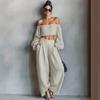 Spring Womens Off Shoulder Crop Top And Wide Leg Pants Set With Spliced Design For Casual Wear