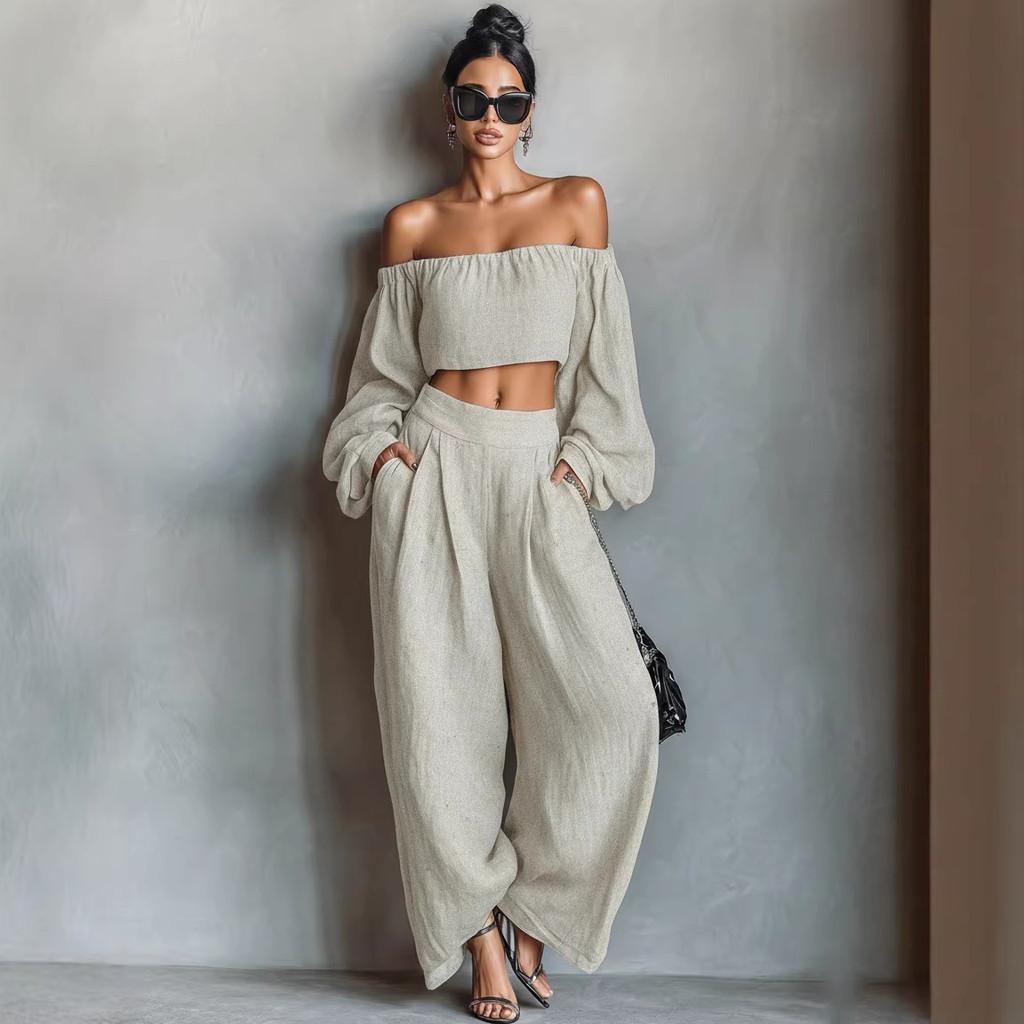 Spring Womens Off Shoulder Crop Top And Wide Leg Pants Set With Spliced Design For Casual Wear
