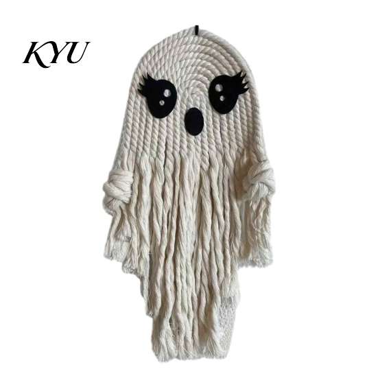 Bohemian Ghost Wall Decor Handmade Cotton Rope Hanging Ornament for Halloween, Indoor Outdoor Rustic Festive Atmosphere Props Pendent Front