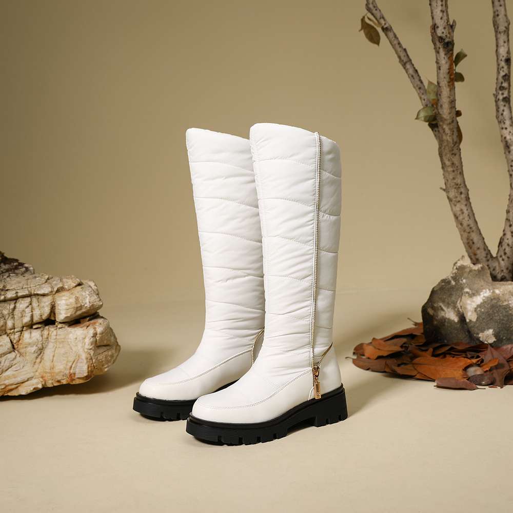 Krazing Pot PU Down Boots Cold-resistant Winter Shoes Med Heels Size 44 Super Size Snow Boots Zipper Round Toe Keep Warm Thigh High Boots