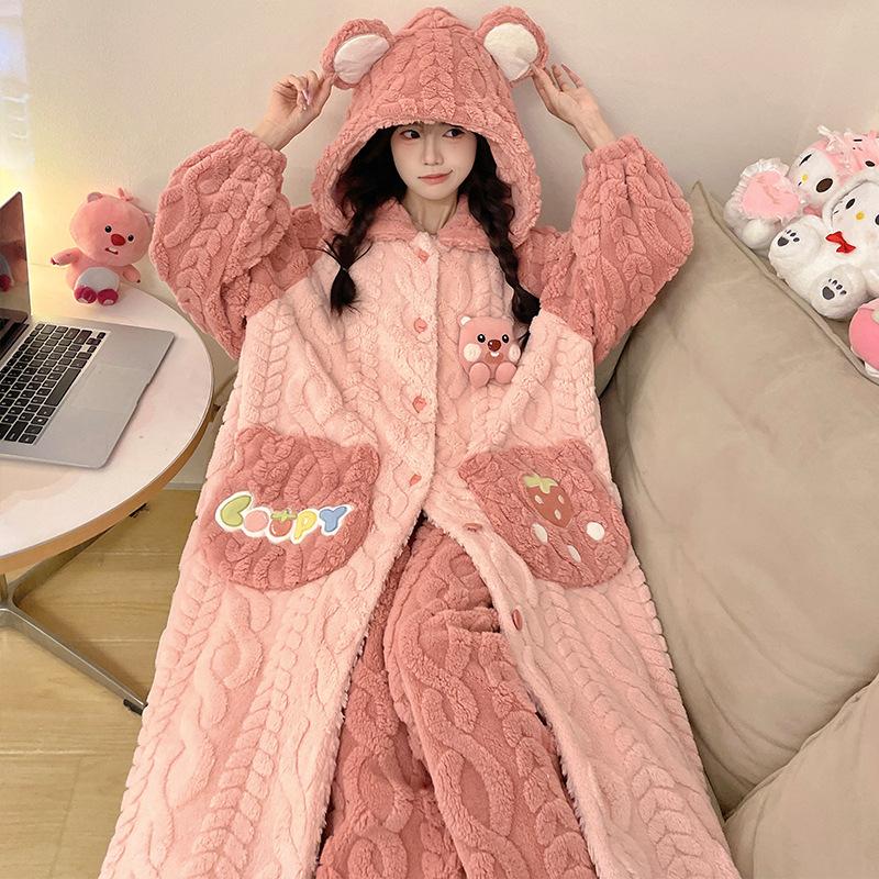 Autumn and Winter New Cute Hooded Nightgown Little Beaver Coral Fleece Pajamas Women's Winter Women's Pajamas Set