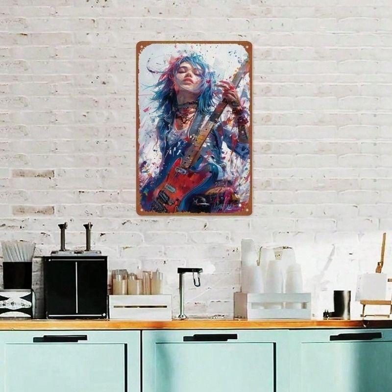 Vintage Rock and Roll Guitarist Metal Wall Art Sign for Bar