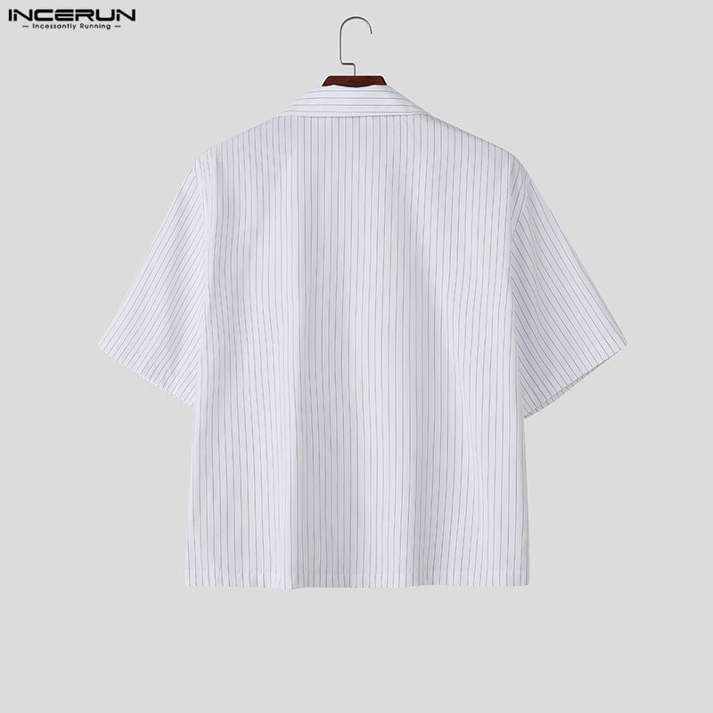 INCERUN Men Lapel Neck Short Sleeve Striped Lace-up Casual Loose Oversized Shirts