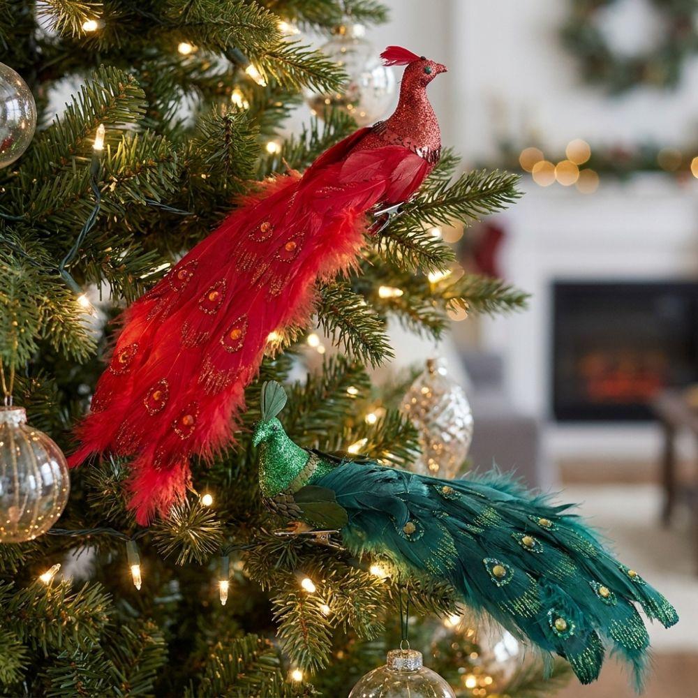 Glitzer Clip-on Pfau Baum Dekoration Langer Schwanz Weich Flauschig Weihnachten Pfau Anhänger Eingebauter Clip Schimmernde Gefiederte