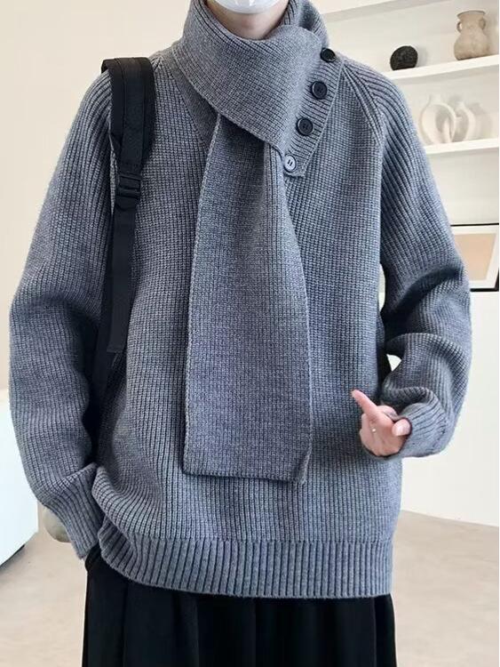 

Men s Loose Knit Sweater with Detachable Scarf - Half-High Neck, Autumn & Winter Style Extra Large сірий колір