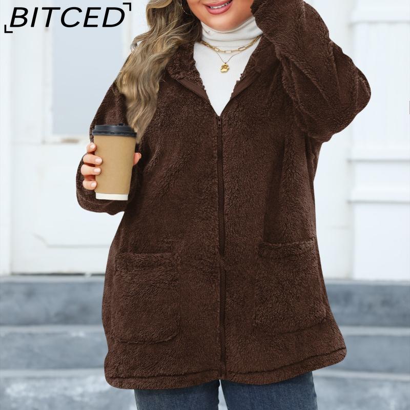 

BITCED Plus Size Women s Thickened Hooded Fleece Jacket XXXXXL темно-коричневого кольору
