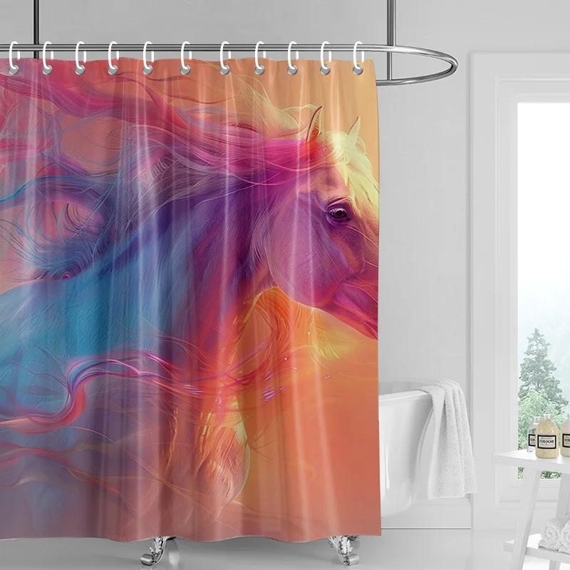 Close-up of a colorful horse Shower Curtain Washable Dirt-Resistant Shower Head waterproof Polyester Bath Curtain For Home Decor