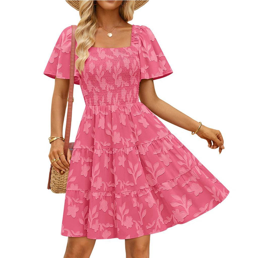 Women's Fashionable Color Square Neck Short Sleeved Casual Loose Dress