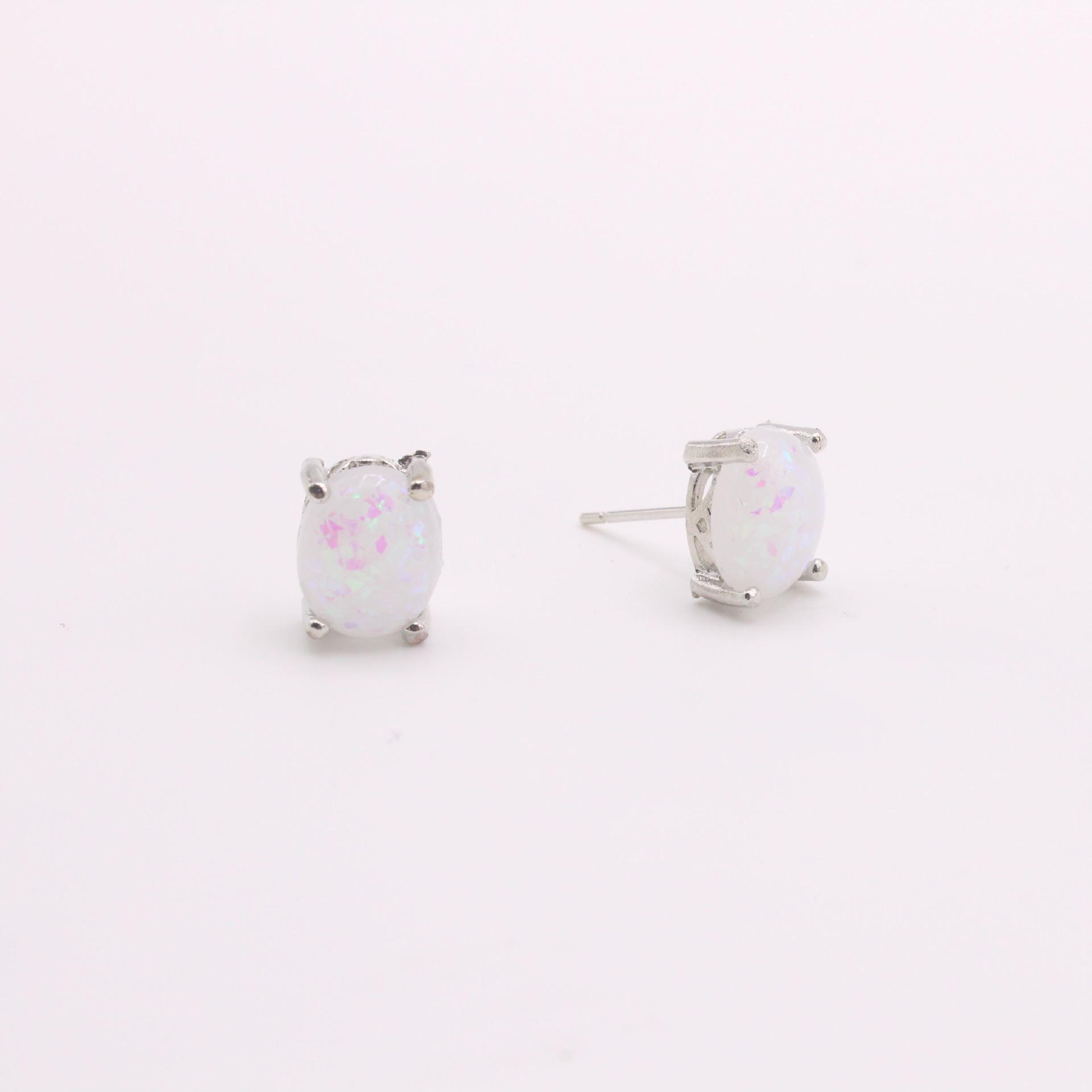European American Silver Opal Egg-Shaped Stud Earrings - Korean Style Celebrity Silver Jewelry