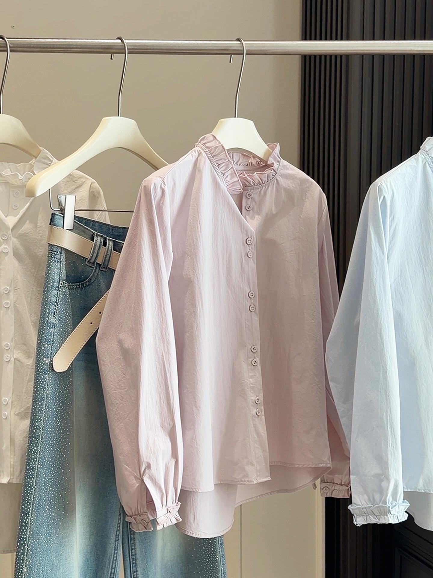 Trending Women s Ruffle Stand Collar Long Sleeve Spring Shirt - Elegant & Versatile One Size фиолетовый