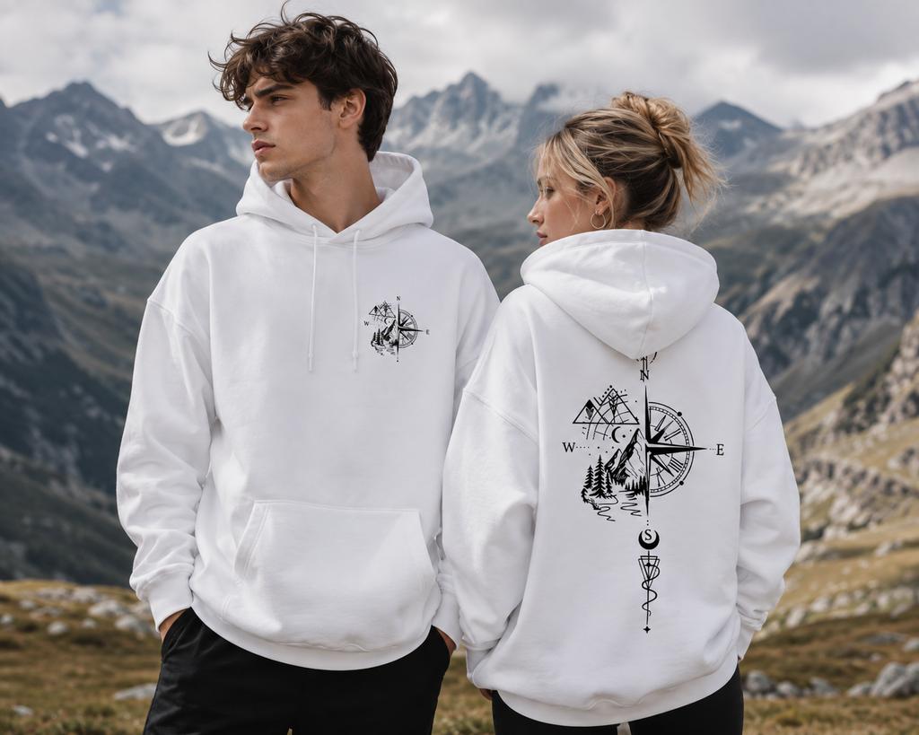 Men Pure Cotton Autumn‑Winter Hoodie, Vintage Compass Print High Quality Long Sleeve Pullover, Daily Casual Sports Sweatshirt