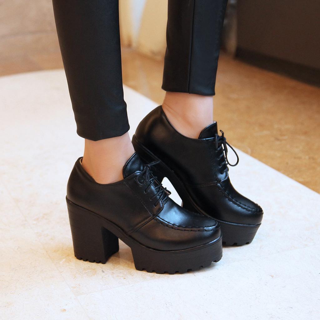 High Heel Waterproof Table Single Shoes Work Shoes British Thick Heel Round Head Leather Shoes Deep Mouth Large Size -46 Size Women'S Shoes