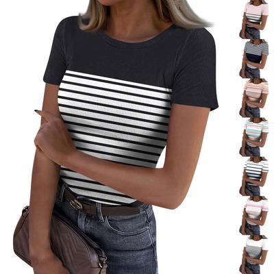 Damski T-shirt Slim Fit Modny Casual Okrągły Dekolt Pulower Krótki Rękaw Top