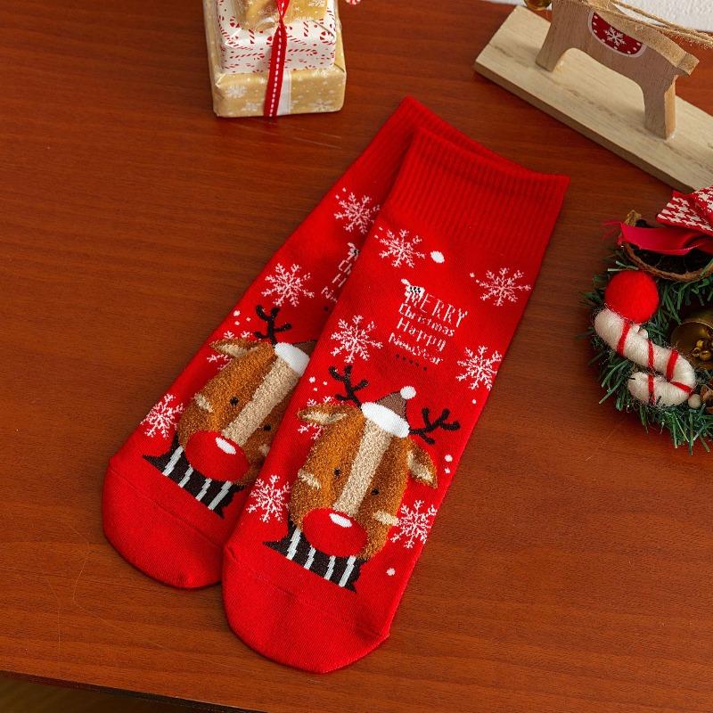 Female Cartoon Reindeer Santa Claus Mid-calf Stockings for Both Men and Women, Straight Long Stockings
