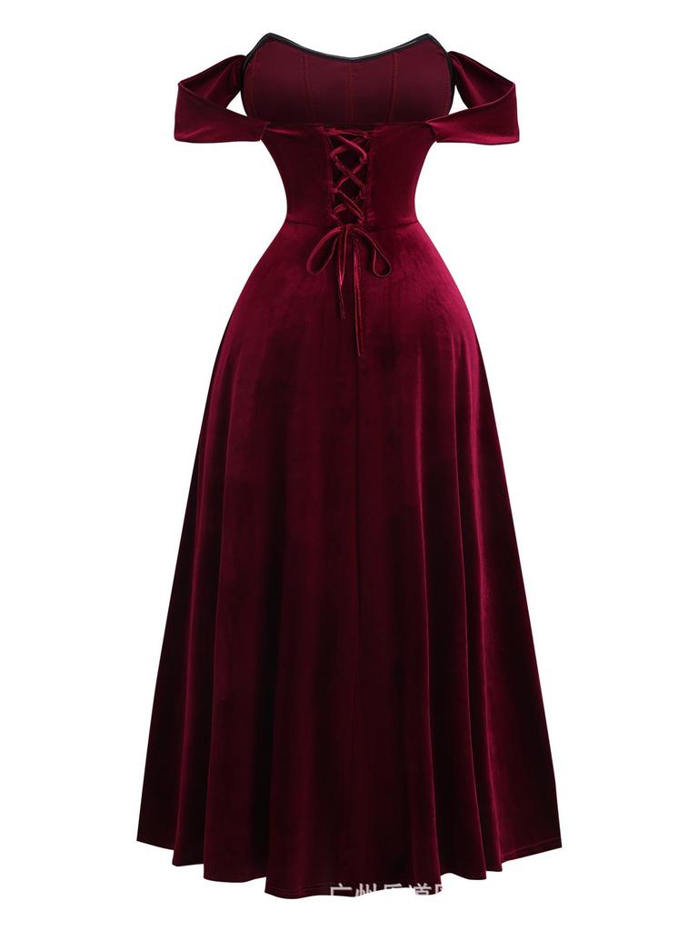 European-American Red Fishbone Retro Corset Dress for New Year's & Valentine's